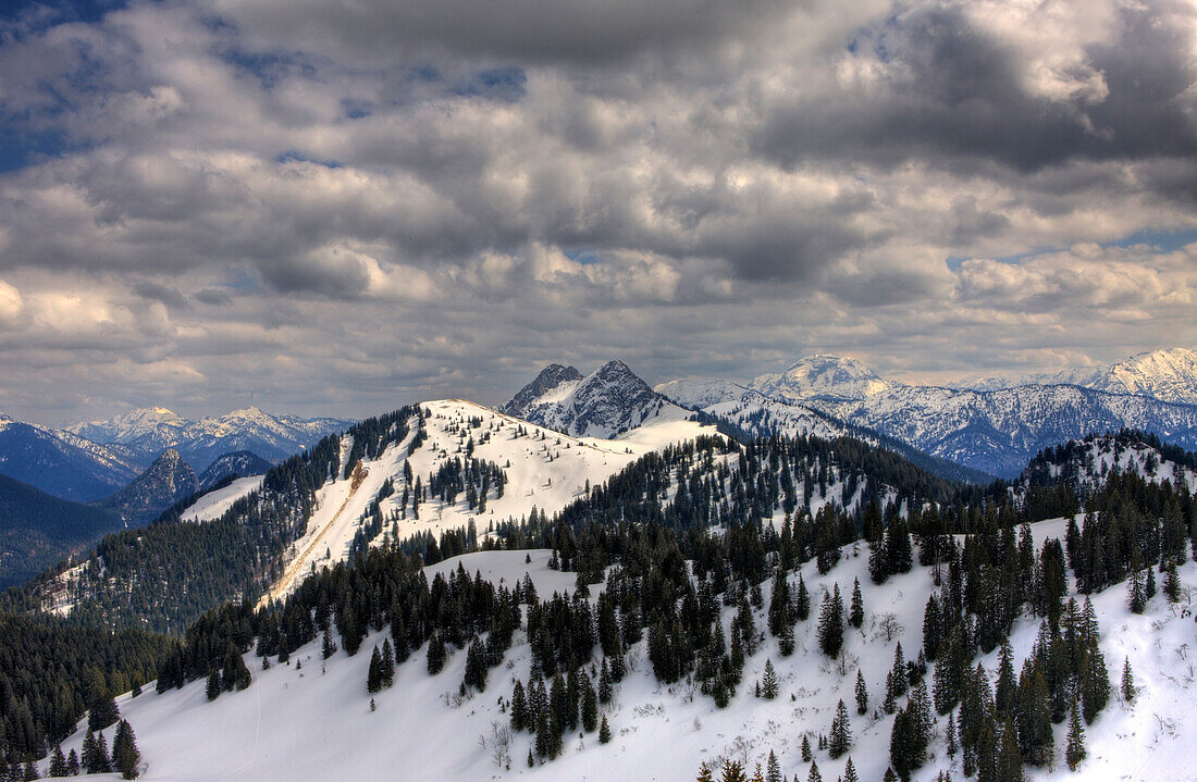 View from the Seekarkreuz to Bavarian Alps, Germany, Mangfall Mountains, Bavaria