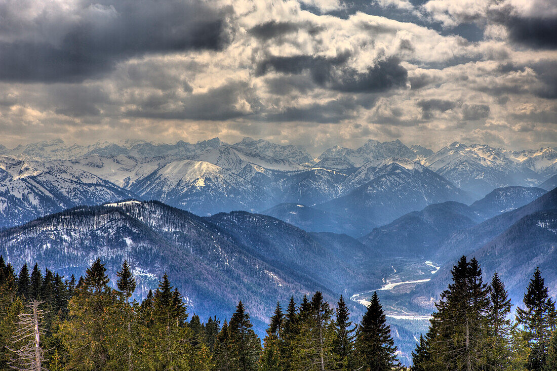 View from the Seekarkreuz to Karwendel Mountains, Germany, Mangfall Mountains, Bavaria