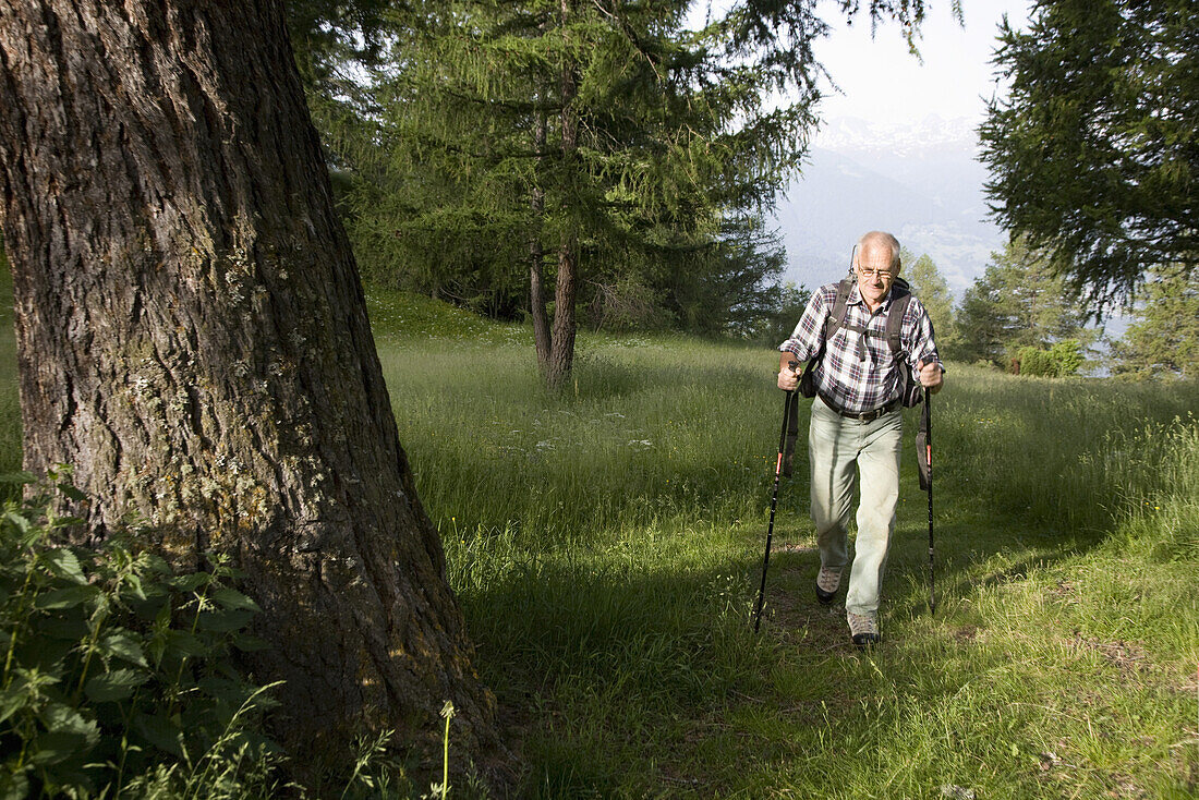 Mature man hiking over Alp Raaft, Bernese Alps, Canton of Valais, Switzerland