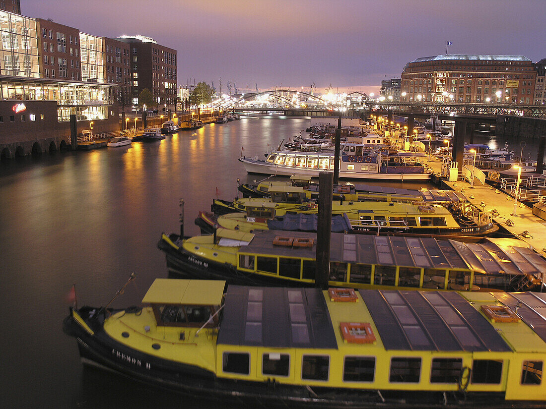 Boats in HafenCity at night, Hamburg, Germany