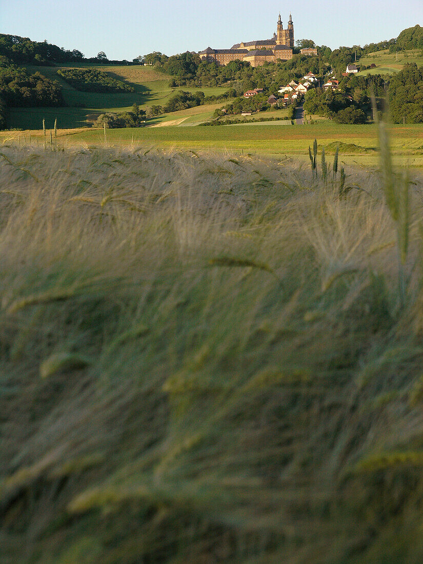 Blick über Getreidefeld auf Kloster Banz, Oberes Maintal, Franken, Bayern, Deutschland