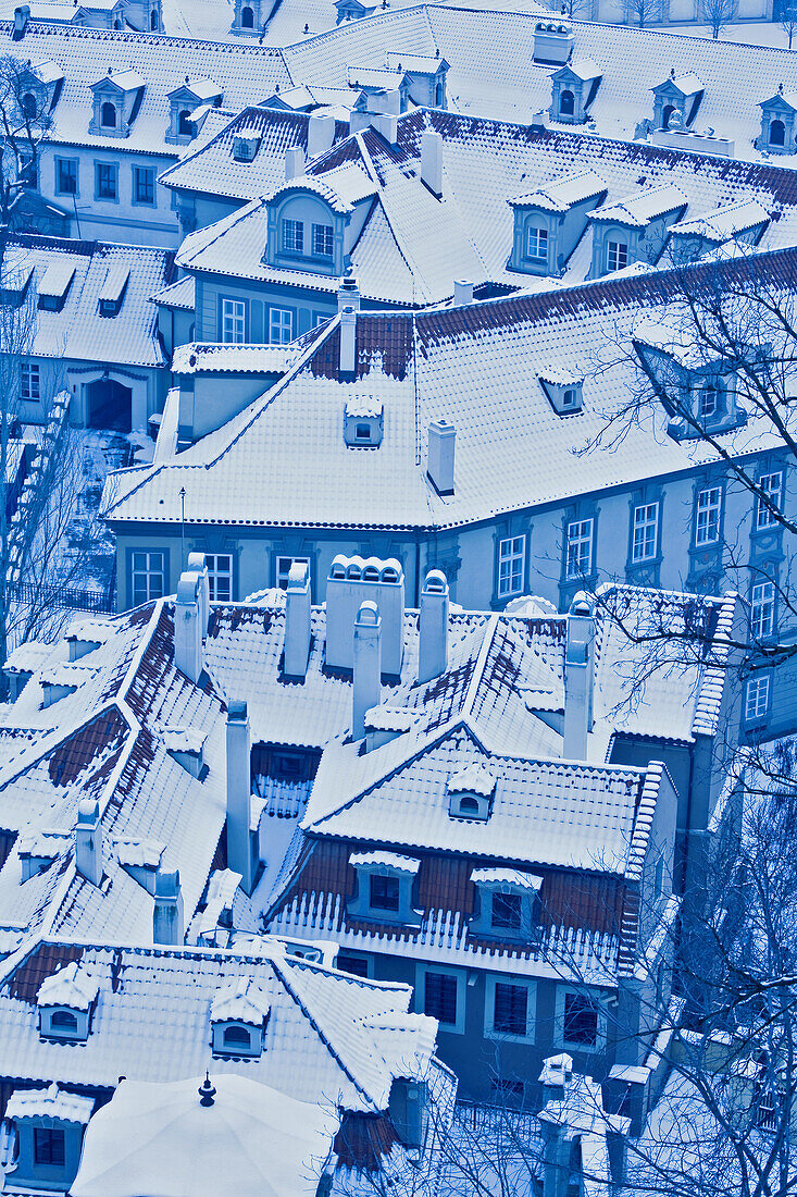 Roofs of the lesser town in winter, Prague. Czech Republic