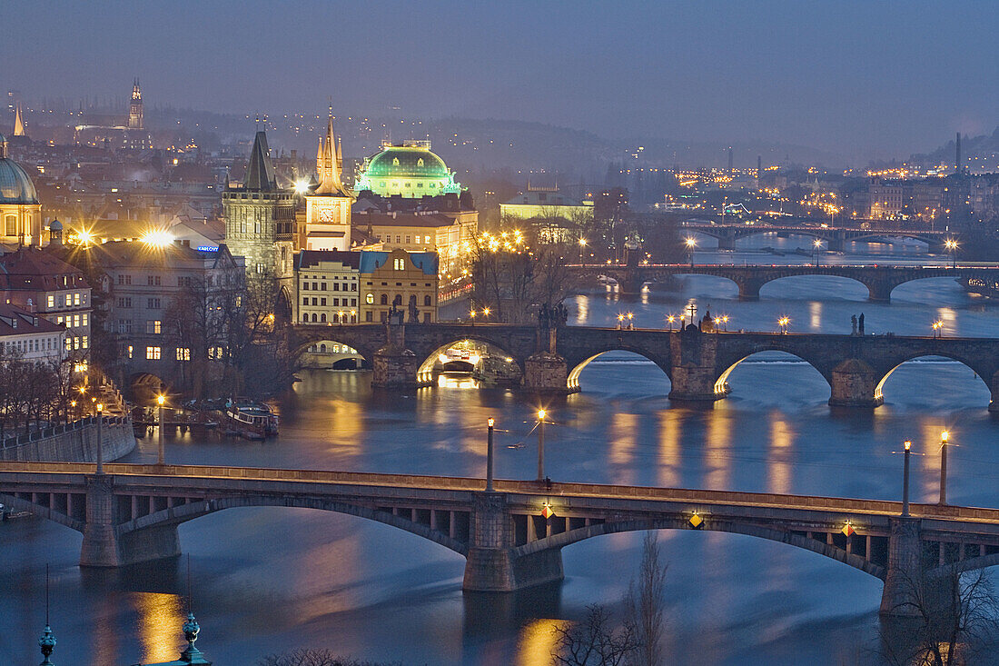 Bridges over Vltava river, Charles Bridge, National Theatre, Prague. Czech Republic