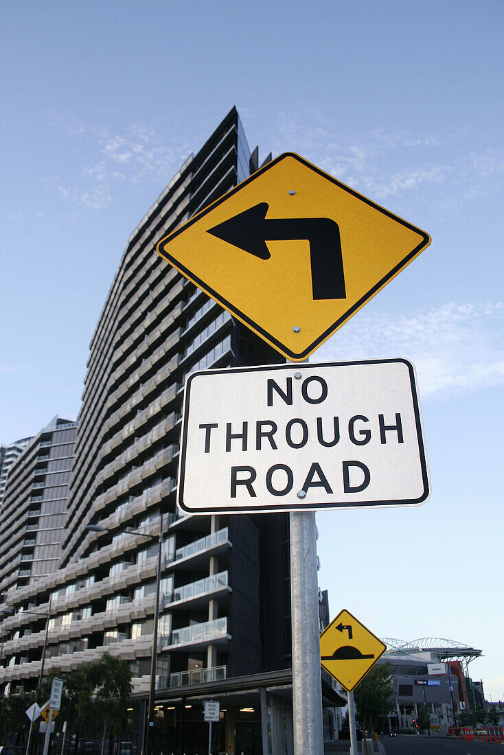 Street signs, Waterview Walk, Docklands Park, Victoria Harbour, Melbourne, Victoria, Australia
