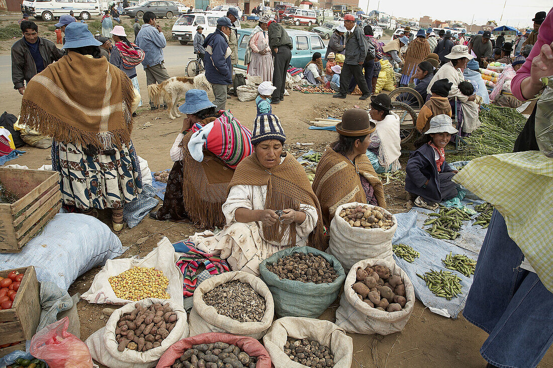 Aymara women selling potatoes and other vegetables at a street market in El Alto. Bolivia