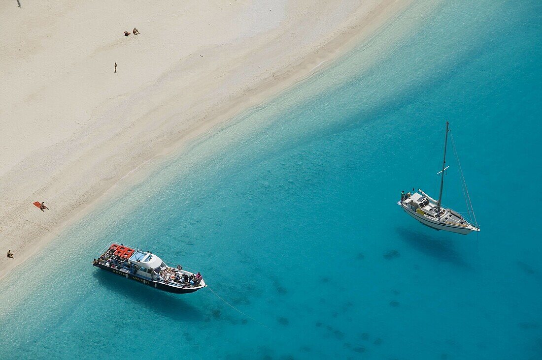 Shipwreck (Navagio) Beach. Aerial View of Tour Boats. Zakynthos. Ionian Islands. Greece