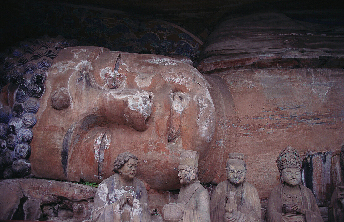 Buddha in nirvana with disciples (Baoding mountain Buddha), Dazu Rock Carvings. Sichuan, China
