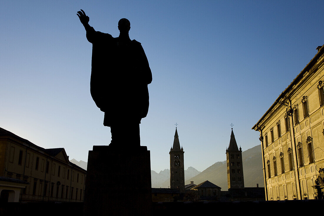 Monument of San Anselmo and cathedral towers. Val d'Aosta, Italy.