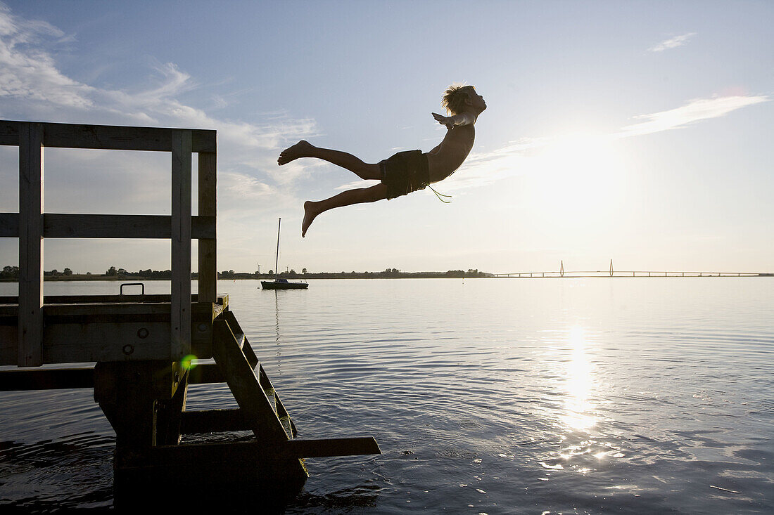 Bogo, Boy, Boys, Color, Colour, Contemporary, Denmark, Dive, Diving, Dock, Jump, Jumping, Lake, Pier, Play, Playing, Summer, Swim, Swimming, F57-661280, agefotostock