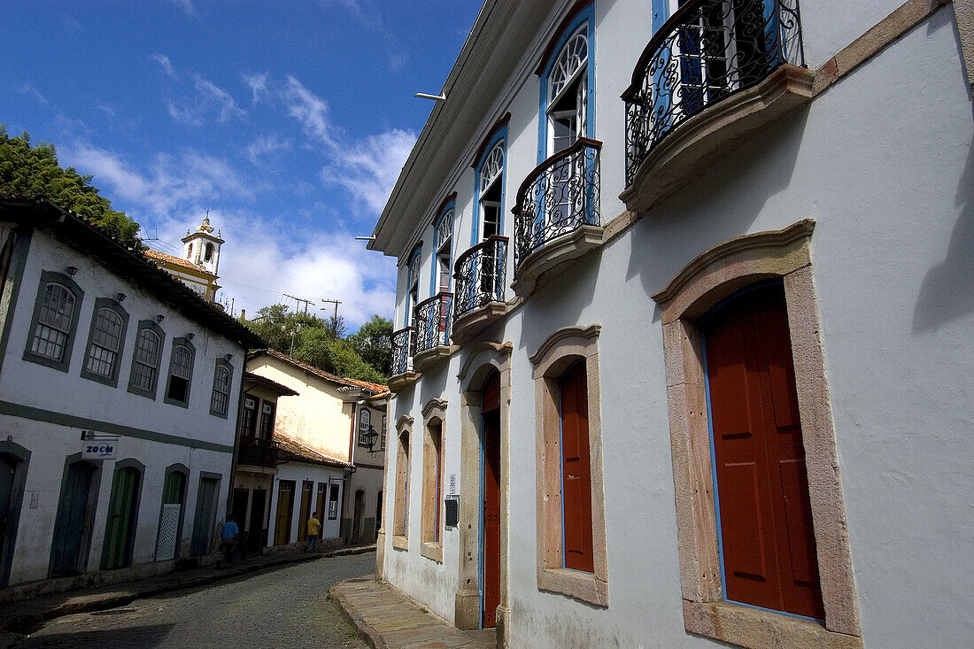 Streets with portuguese colonial buildings in Ouro Preto, historical world heritage city in Minas Gerais, Brazil