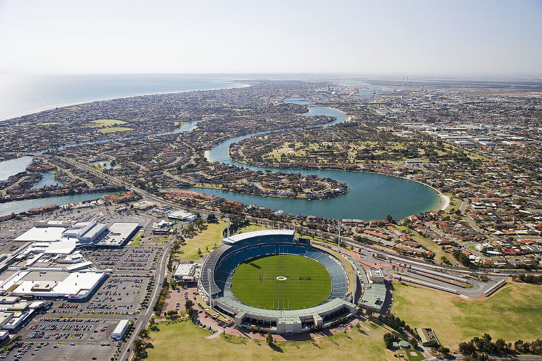 West Lakes Mall, AAMI Stadium and West Lakes, Adelaide, South Australia, Australia - aerial