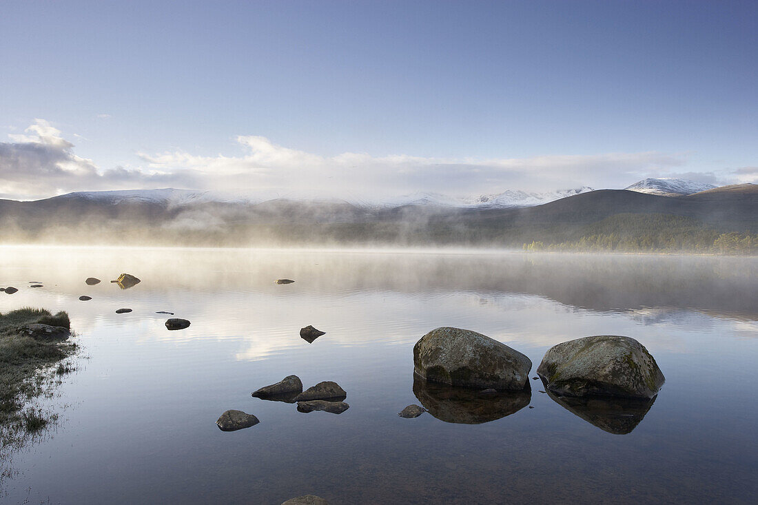 Loch Morlich and Cairngorm mountains on misty morning  Cairngorms National Park  Scotland  May 2007