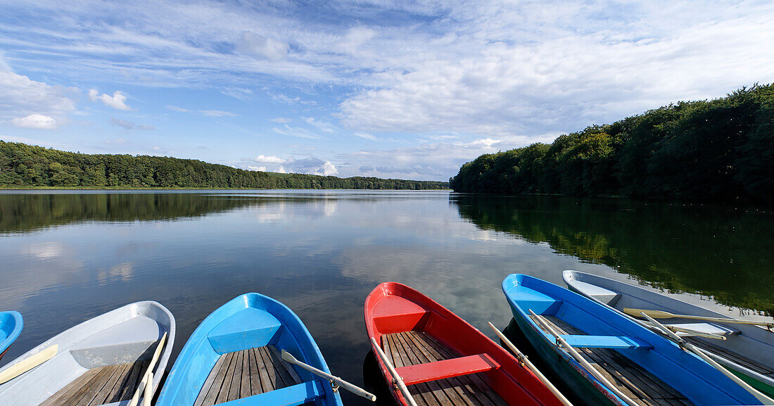 Rowboats at lake Wolgastsee, Ahlbeck, Mecklenburg-Western Pomerania, Germany