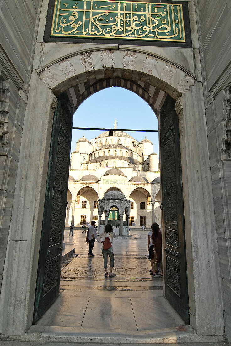 View of the inner courtyard of the Blue Mosque, Sultan Ahmed Mosque, Sultanahmet Camii, Istanbul, Turkey, Europe