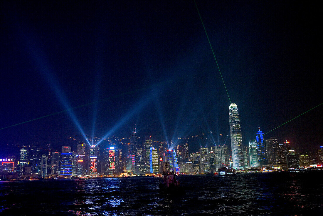 Lasershow above the Skyline of Hong Kong Island at night, Central District, Hong Kong, China, Asia