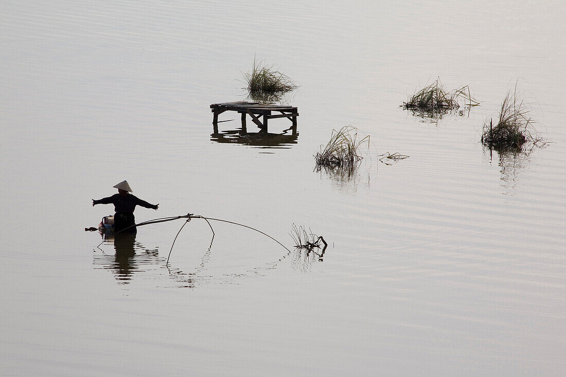 Fisherman in the river Mekong, Vientiane, Province Vientiane, Laos