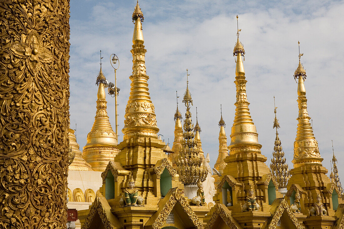 Golden Stupas on the grounds of the Shwedagon Pagoda at Yangon, Rangoon, Myanmar, Burma