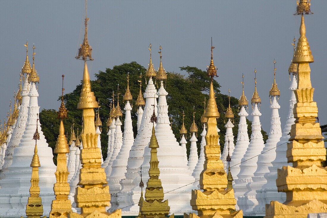 White and golden stupas in Mandalay, Myanmar, Burma