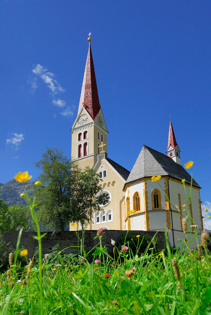 Blumenwiese mit Kirche in Holzgau, Lechtal, Tirol, Österreich