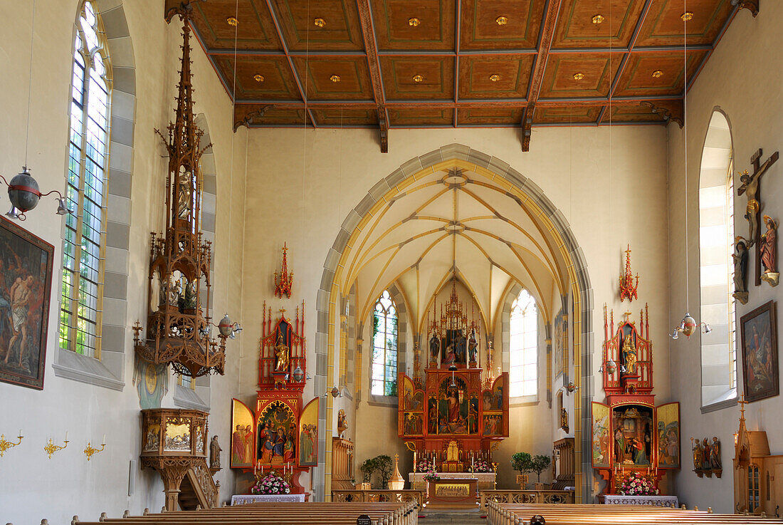 interior view of neo-Gothic church in Oberstdorf, Allgaeu range, Allgaeu, Swabia, Bavaria, Germany