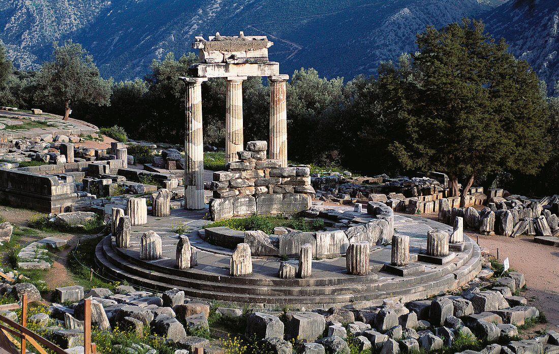 Tholos Temple in Sanctuary of Athena Pronaia (4th century B.C.), Delphi. Greece