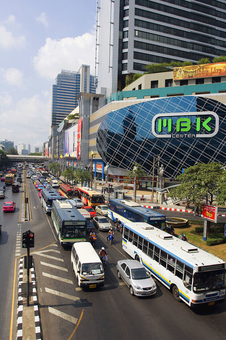 Morning Traffic on Phaya Thai Rd beside the MBK Center, Bangkok. Thailand