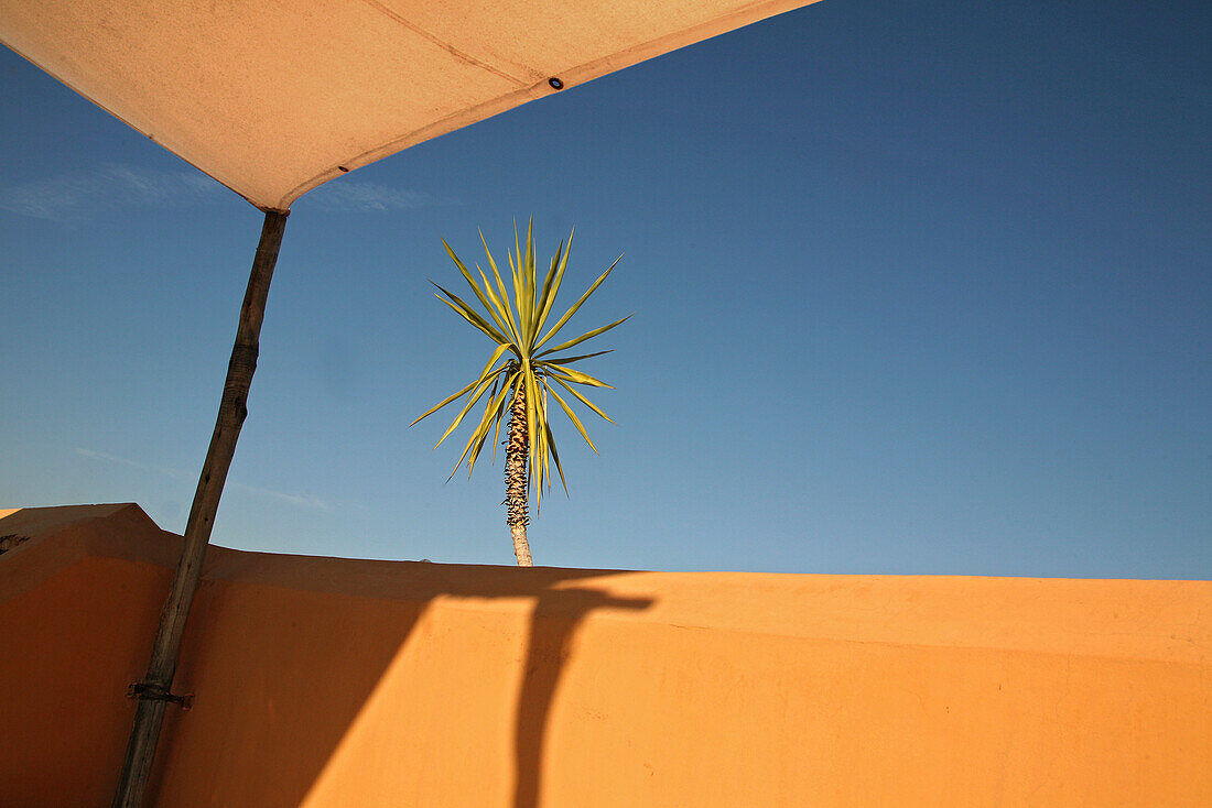 Detail einer menschenleeren Dachterrasse an einem sonnigen Tag, Marrakesch, Marokko, Afrika