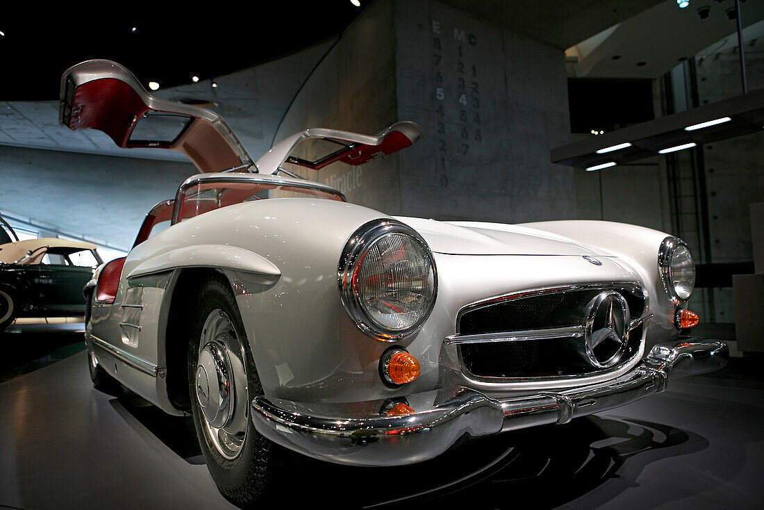 Mercedes Benz 300 SL Coupe, with gullwing doors, at Mercedes Benz Museum, Bad Cannstadt, Stuttgart, Baden-Wurttemberg, Germany