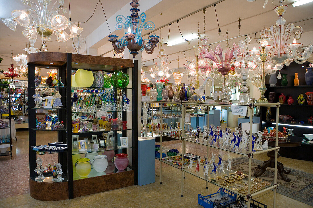 Studio and shop with glass vases and glass art, Murano, Veneto, Italy