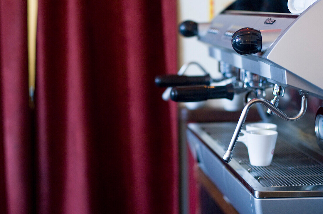 Espresso machine with espresso cups in a cafe, Ingolstadt, Bavaria, Germany