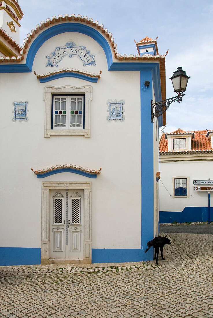 Blue and white painted house, Historical, old fishing village of Ericeira, Portugal