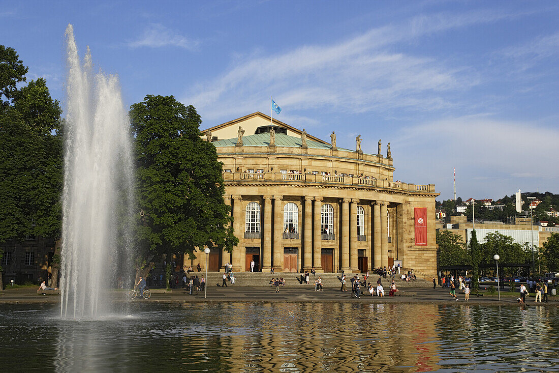 View over Eckensee to National Theatre, Stuttgart, Baden-Wurttemberg, Germany