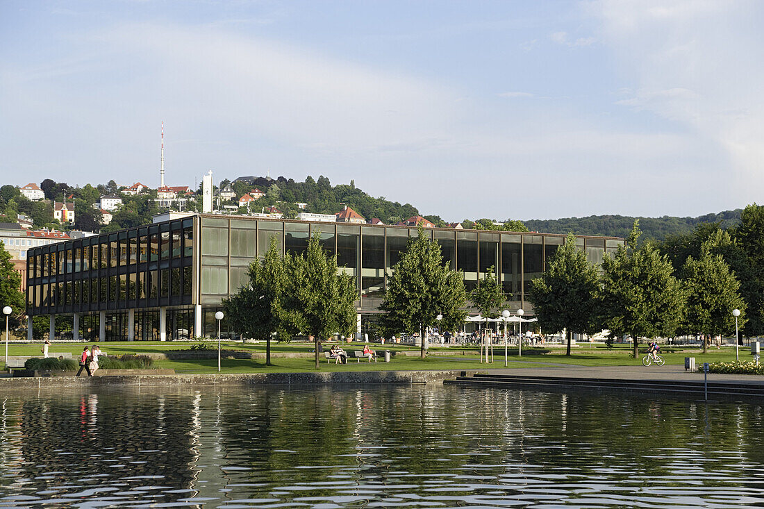 View over Eckensee to Landtag building, Stuttgart, Baden-Wurttemberg, Germany