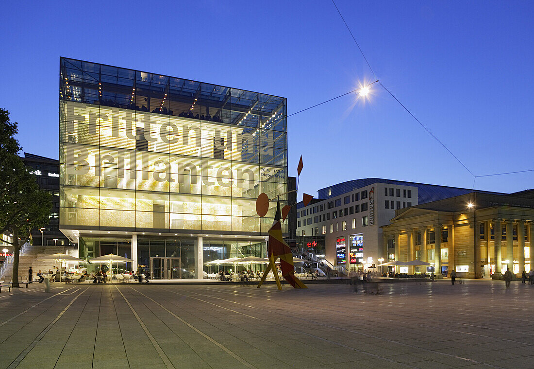 Illuminated Kunstmuseum at castle square in the evening, Stuttgart, Baden-Wurttemberg, Germany