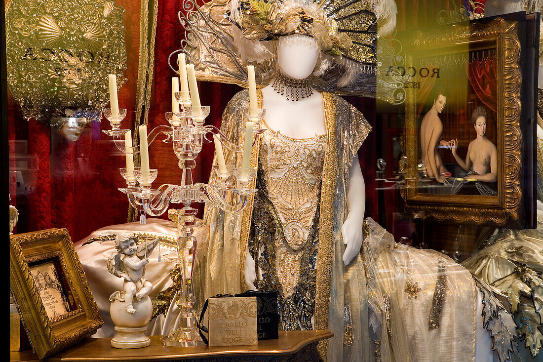 Shop window with historical costume in the old town of Venice, Italy, Europe