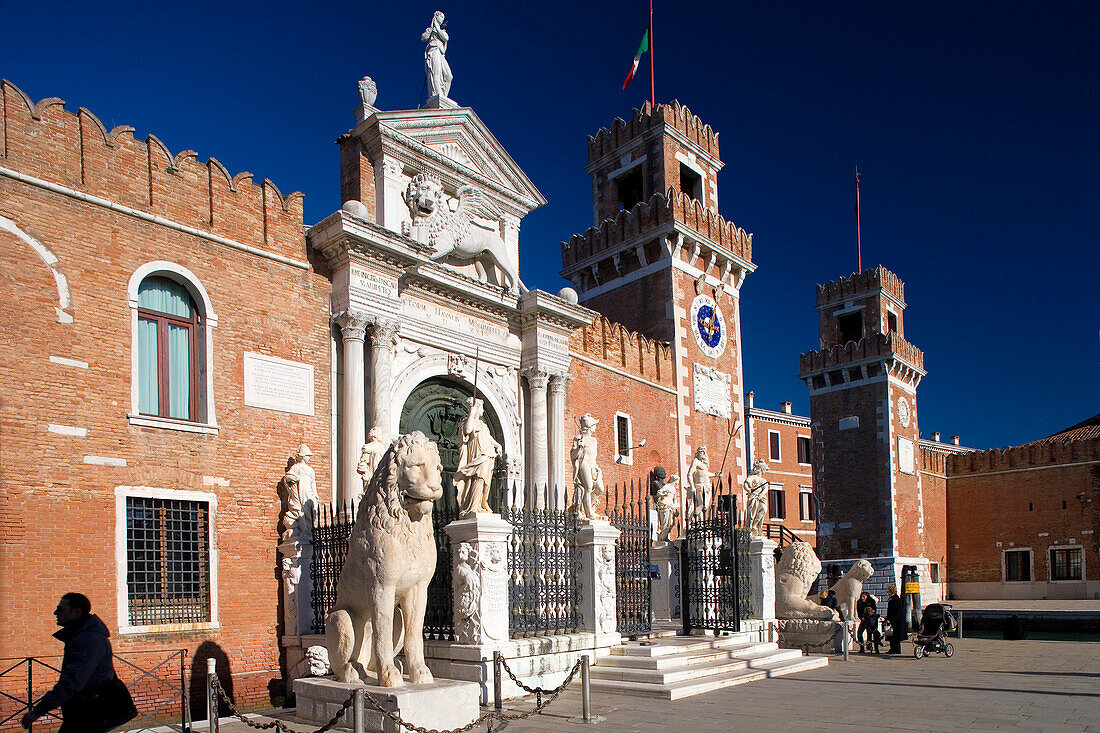 Entrance to the Arsenal, Arsenale di Venezia, former wharf of Venice, in 16th century the largest wharf in the world. Built by Antonio Gambello, Venice, Italy, Europe