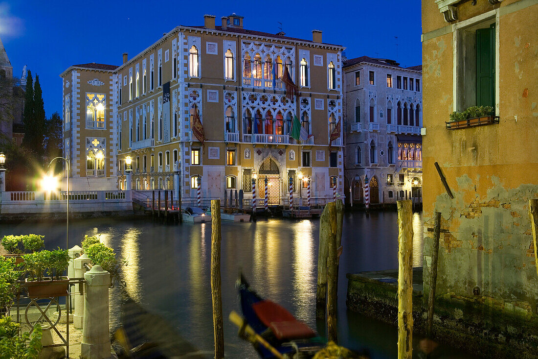 Canal Grande at night with view towards Palazzo Cavalli Franchetti, Venice, Italy, Europe