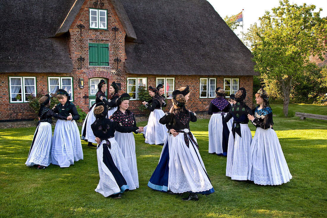 Dancing Group in traditional Costumes, Nebel, Amrum Island, North Frisian Islands, Schleswig-Holstein, Germany