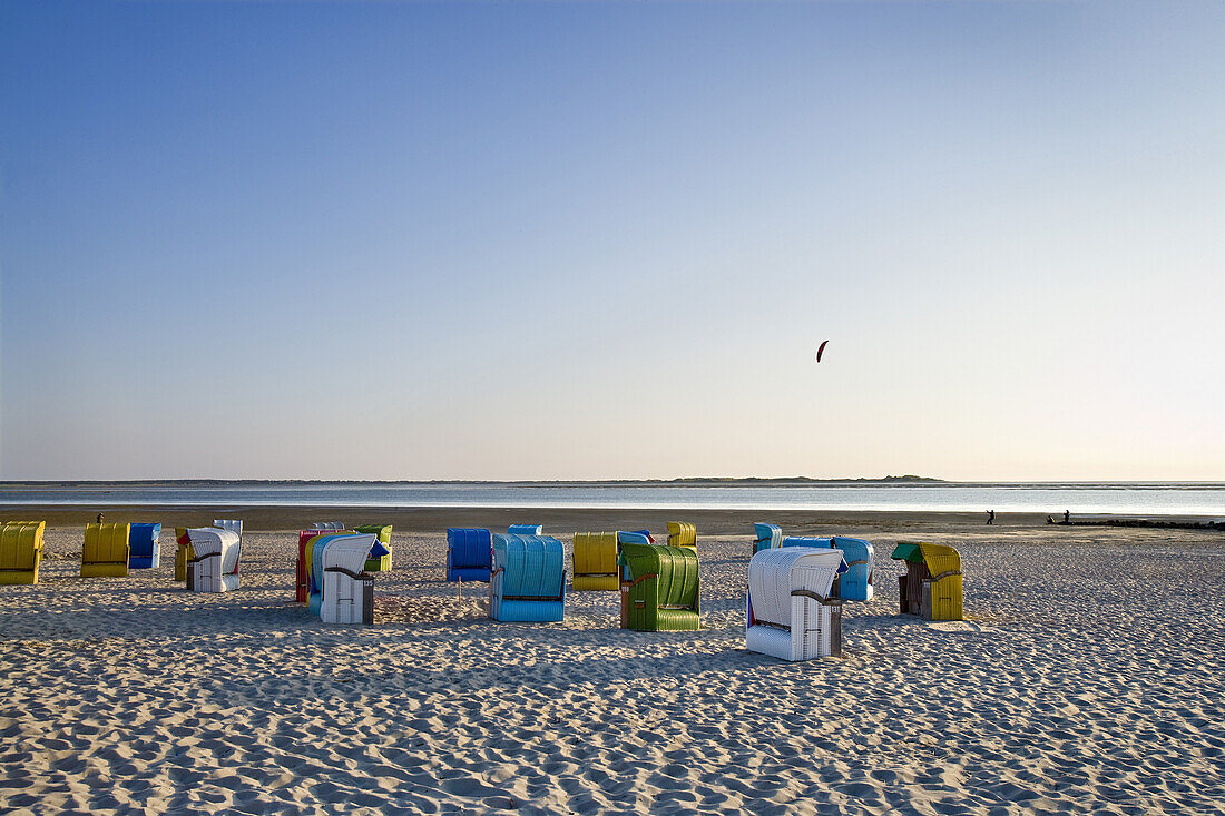 Beach chairs at beach of Utersum, Foehr Island, Schleswig-Holstein, Germany