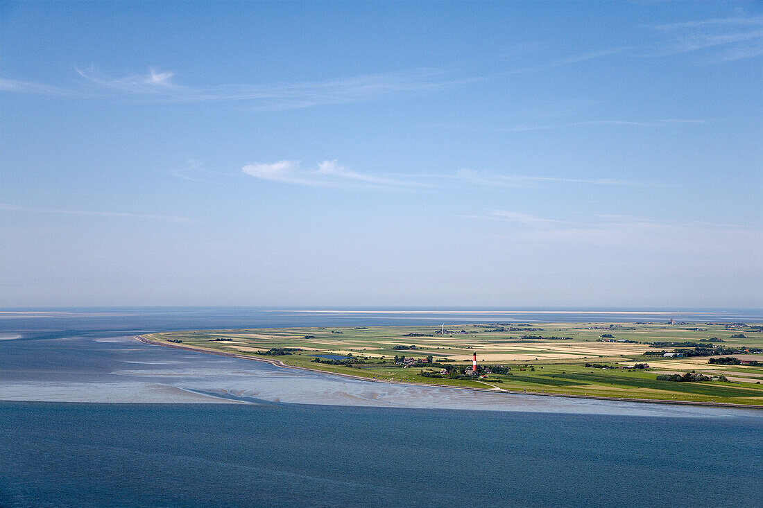Aerial shot of Pellworm island with lighthouse, Schleswig-Holstein, Germany