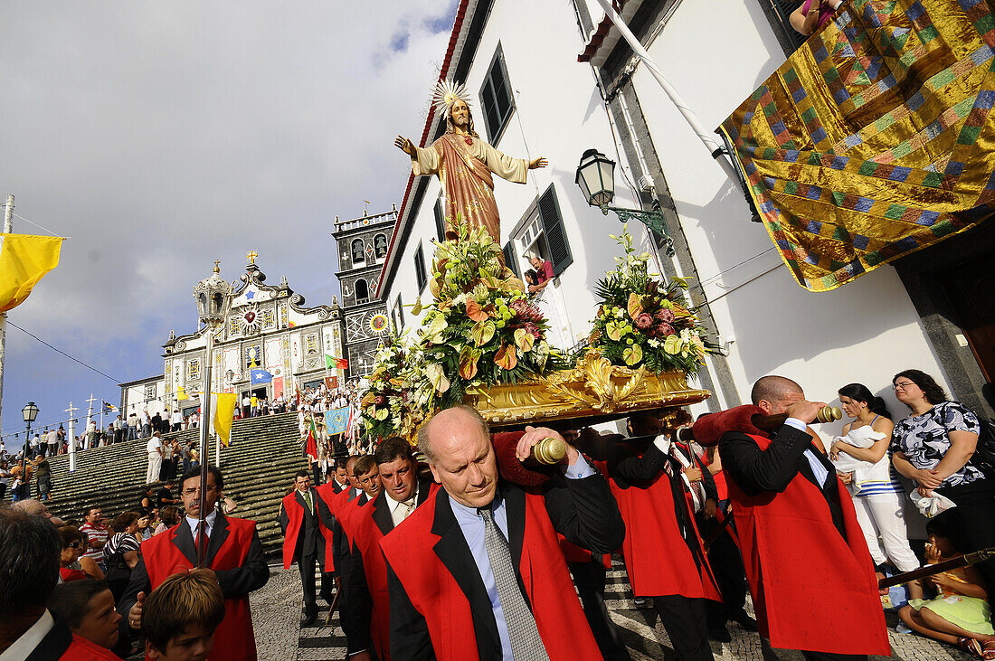 Church Procession in front of Church of the Holy Ghost, Ribeira Grande, Sao Miguel, Azores, Portugal
