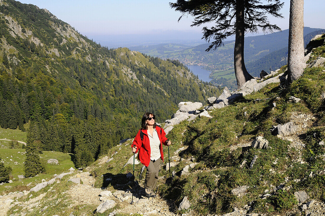 Frau beim Wandern an der Brecherspitz über dem Schliersee, Bayern, Deutschland