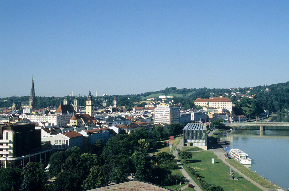 View of the river Danube and old city of Linz, Upper Austria, Austria