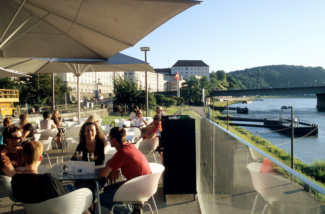 Cafe at Lentos Museum near the river Danube, Linz, Upper Austria, Austria