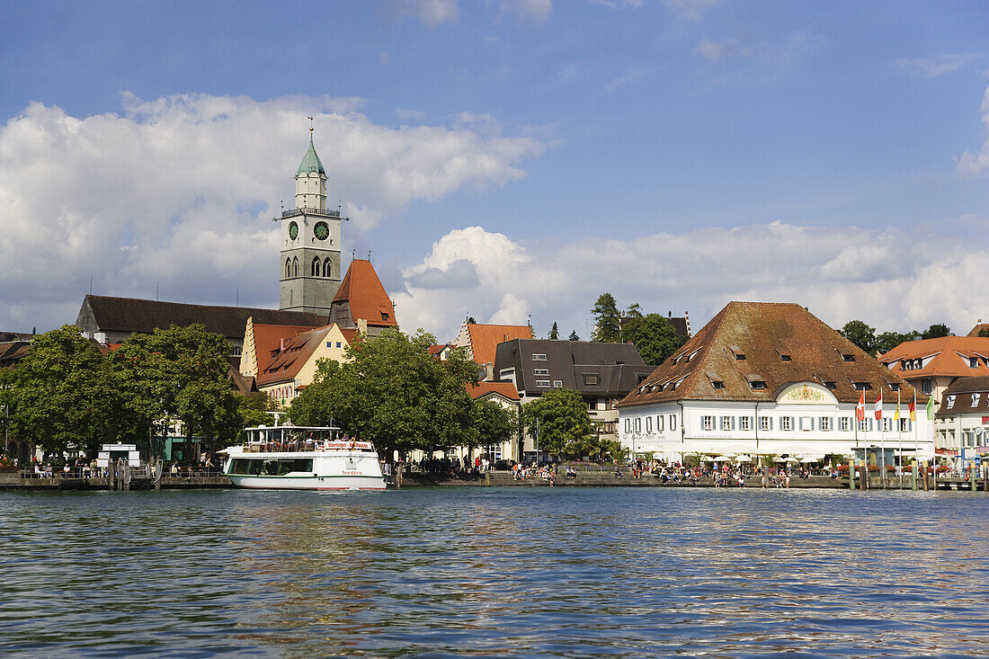 View over lake Constance to Uberlingen with Saint Nicholas church, Baden-Wurttemberg, Germany