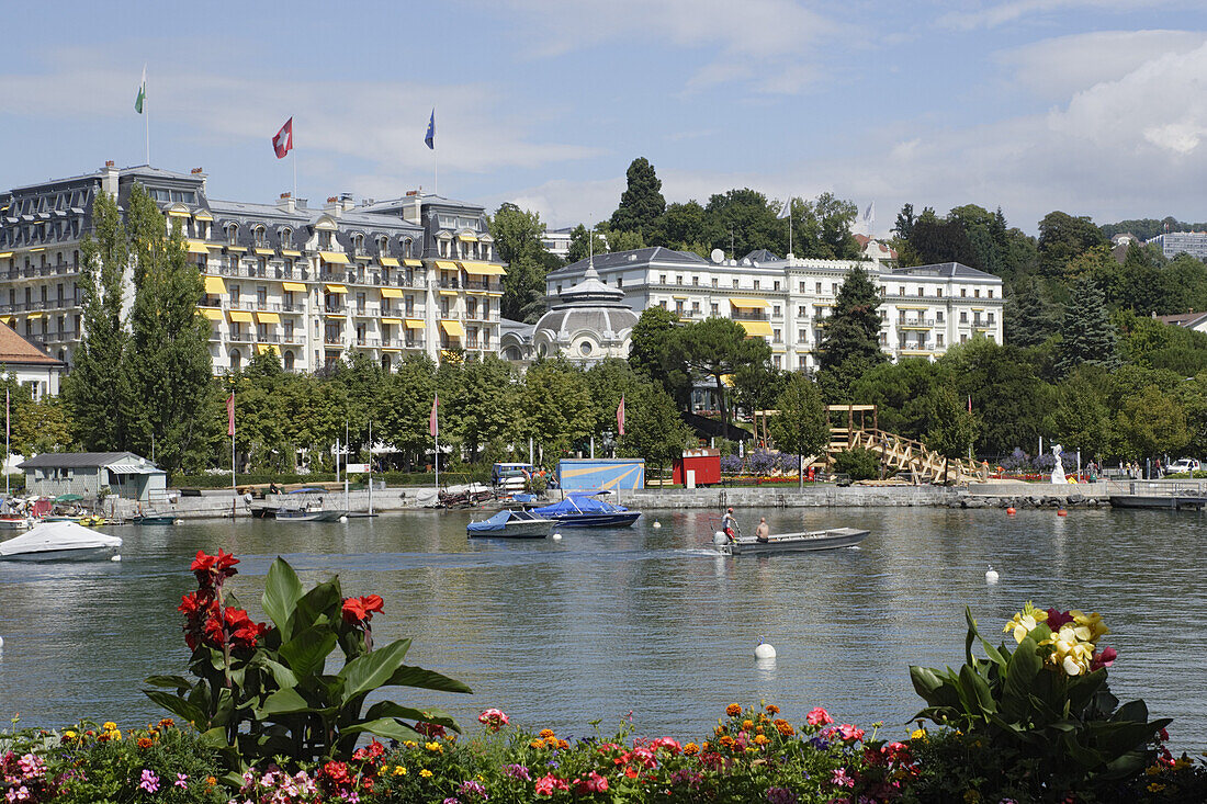 View over lake Geneva to Beau-Rivage Palace Hotel, Lausanne, Canton of Vaud, Switzerland