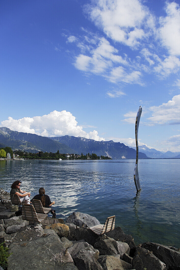 Giant fork sculpture in lake Geneva, Vevey, Canton of Vaud, Switzerland