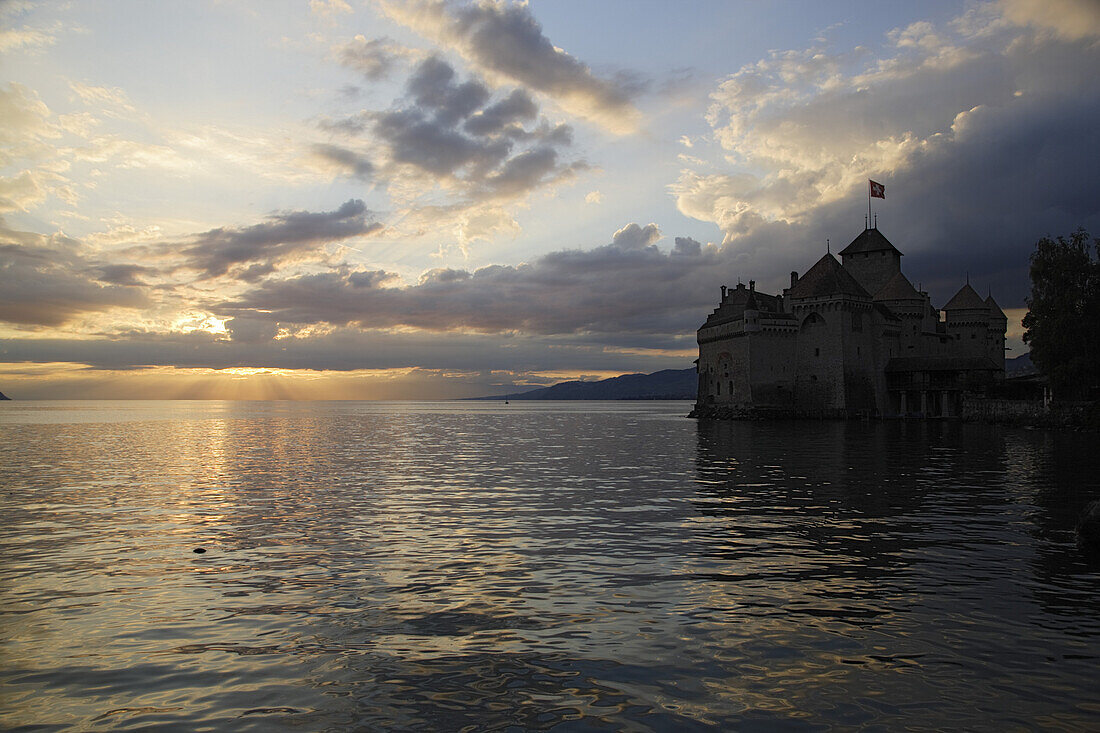 Chillon Castle at Lake Geneva in the evening, Veytaux, Vaud, Switzerland