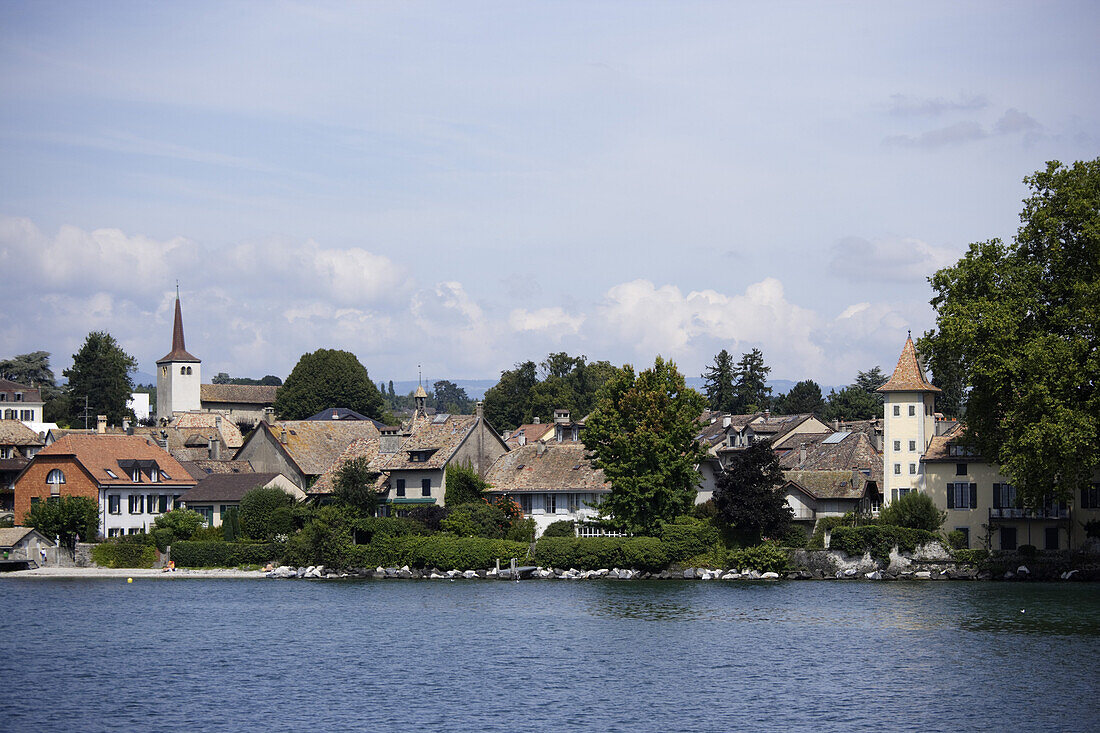 View over lake Geneva to Saint-Prex, Canton of Vaud, Switzerland