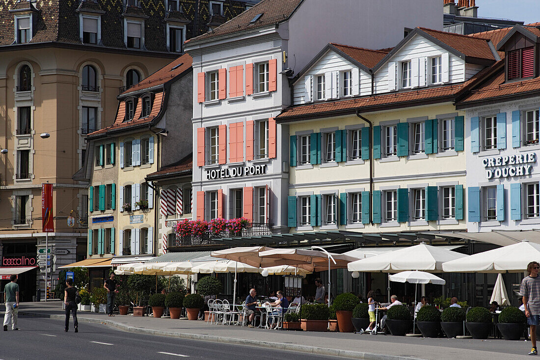 Sidewalk cafes at promenade, Ouchy, Lausanne, Canton of Vaud, Switzerland